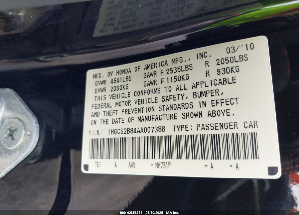 2010 HONDA ACCORD VIN: 1HGCS2B84AA007388
