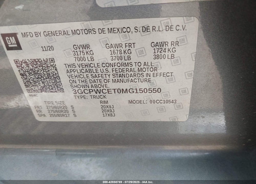 2021 CHEVROLET SILVERADO 1500 VIN: 3GCPWCET0MG150550