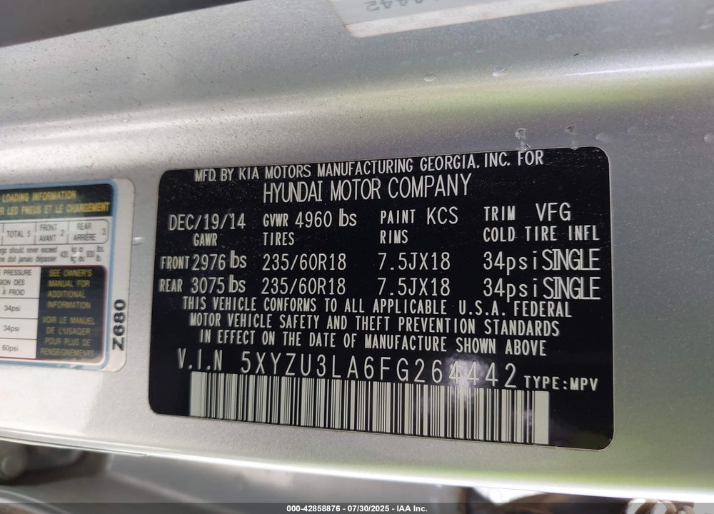 2015 HYUNDAI SANTA FE VIN: 5XYZU3LA6FG264442