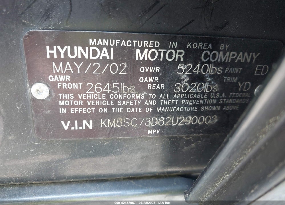 2002 HYUNDAI SANTA FE GLS/LX VIN: KM8SC73D82U290003