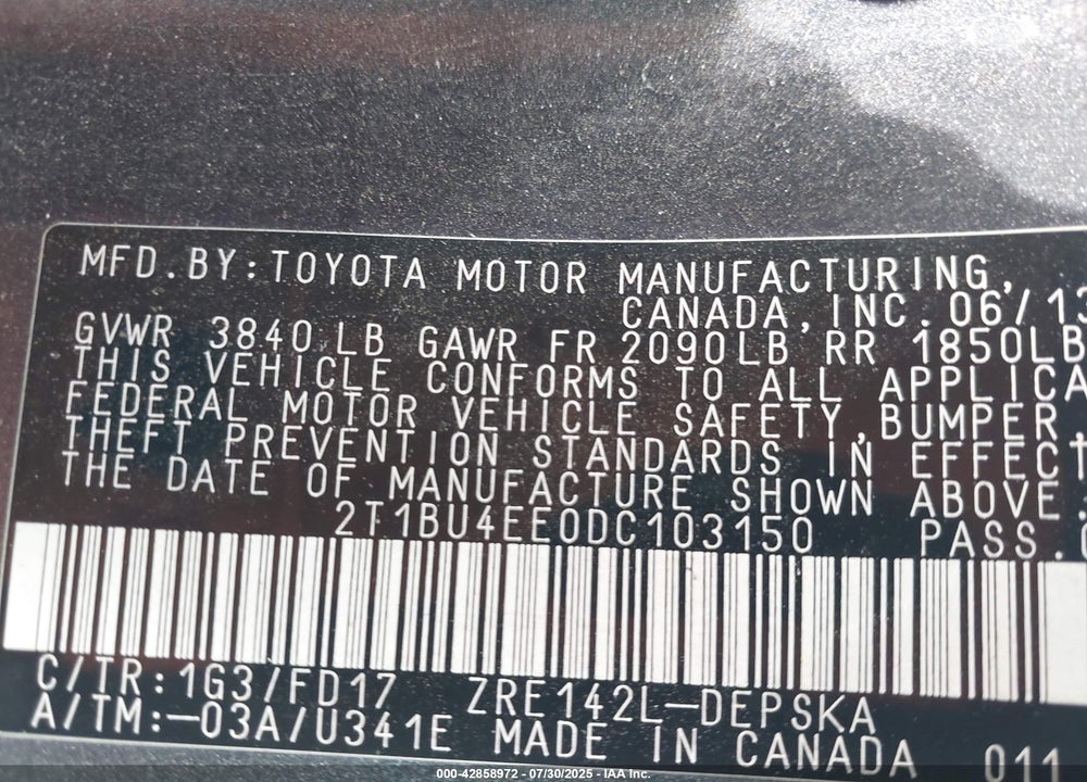 2013 TOYOTA COROLLA VIN: 2T1BU4EE0DC103150