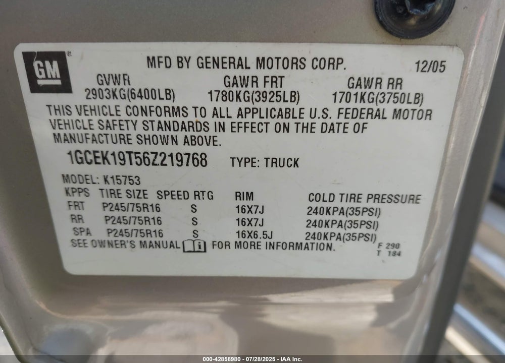 2006 CHEVROLET SILVERADO 1500 HYBRID VIN: 1GCEK19T56Z219768