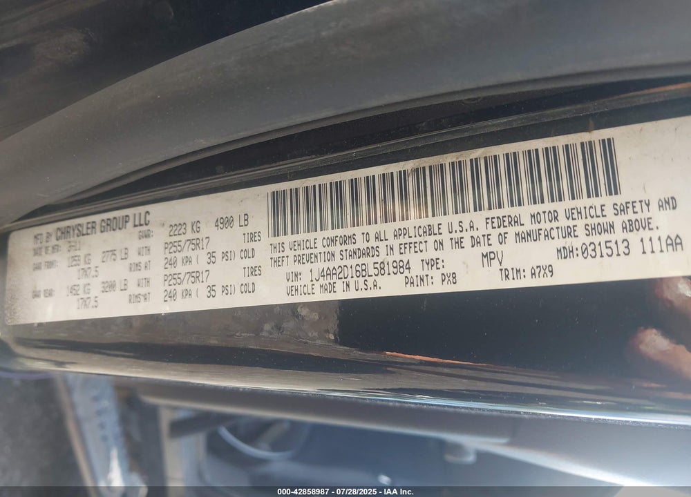 2011 JEEP WRANGLER / VIN: 1J4AA2D16BL581984