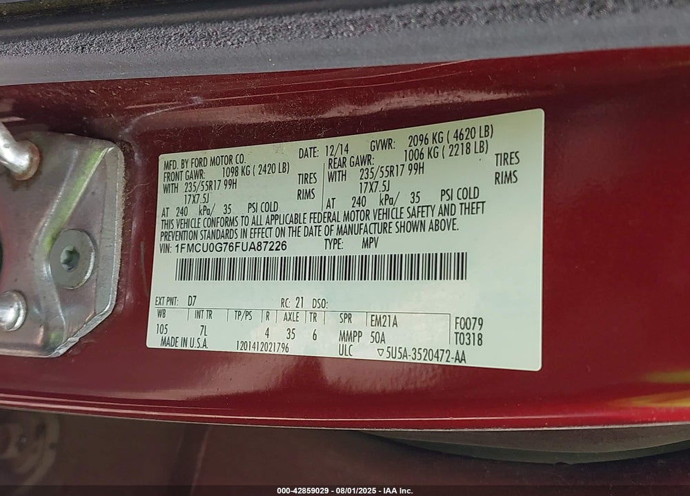 2015 FORD ESCAPE VIN: 1FMCU0G76FUA87226