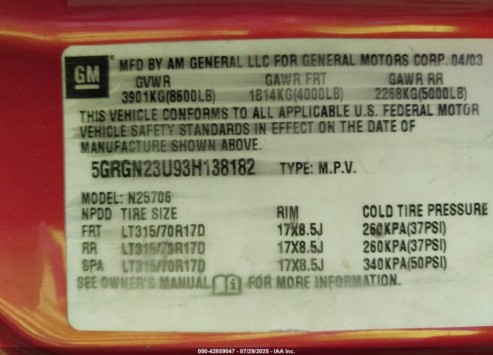 2003 HUMMER H2 VIN: 5GRGN23U93H138182