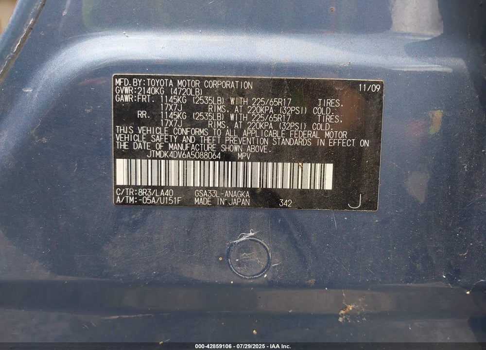 2010 TOYOTA RAV4 VIN: JTMDK4DV6A5088064