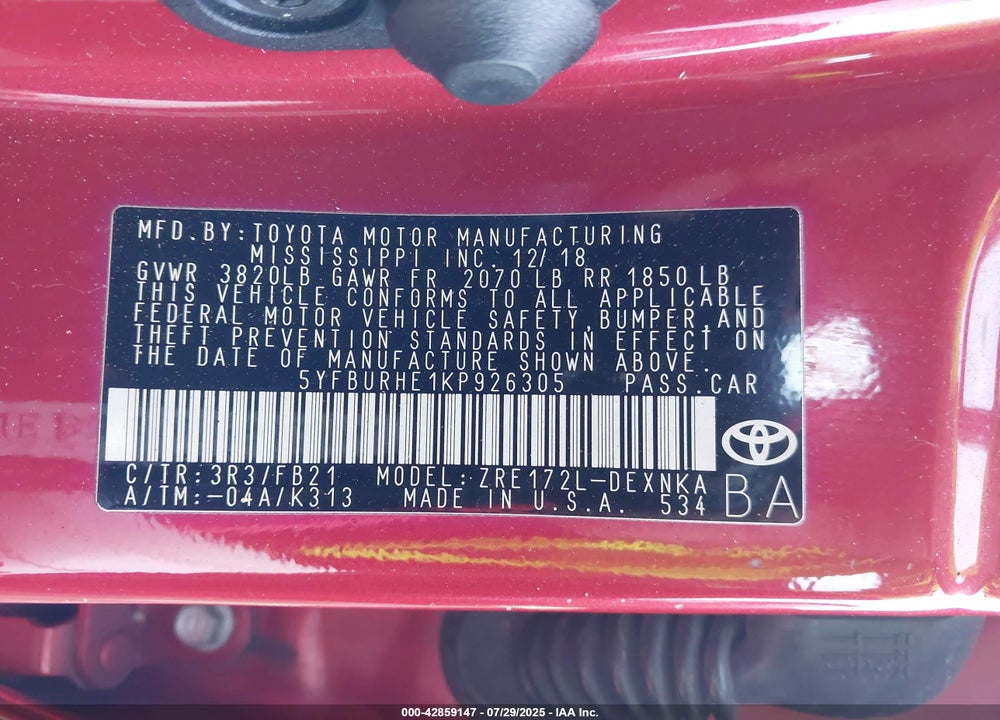 2019 TOYOTA COROLLA VIN: 5YFBURHE1KP926305