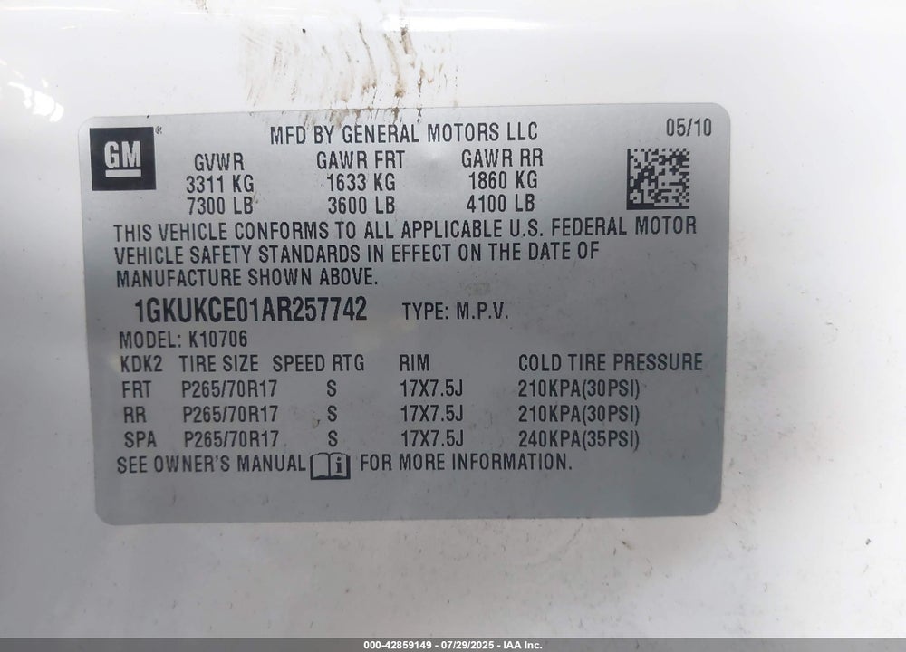 2010 GMC YUKON VIN: 1GKUKCE01AR257742