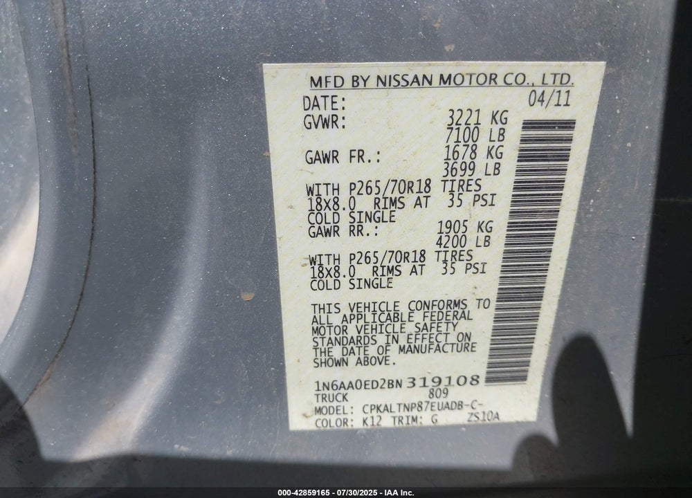 2011 NISSAN TITAN VIN: 1N6AA0ED2BN319108