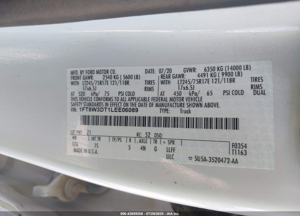 2020 FORD F-350 XL VIN: 1FT8W3DT1LEE06089