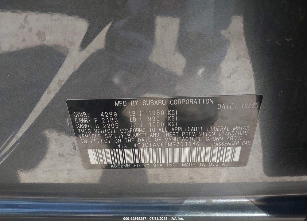 2021 SUBARU IMPREZA VIN: 4S3GTAV65M3708046
