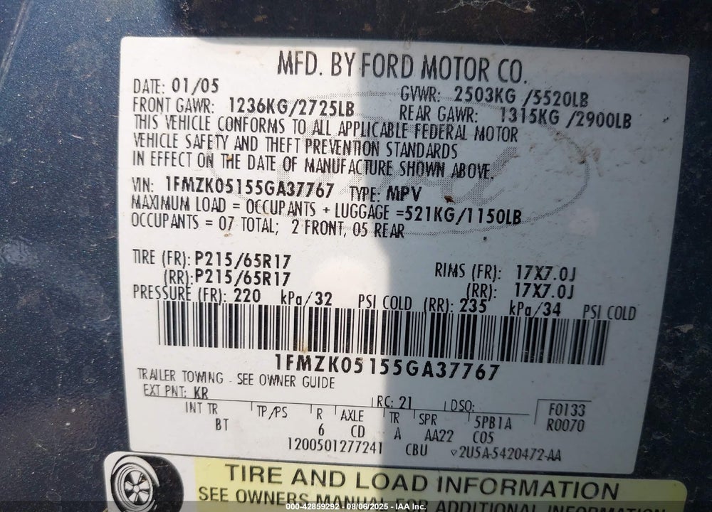 2005 FORD FREESTYLE SEL VIN: 1FMZK05155GA37767