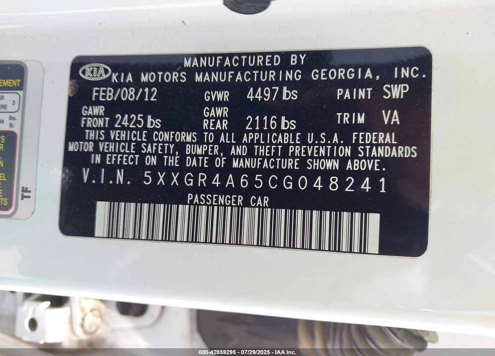 2012 KIA OPTIMA VIN: 5XXGR4A65CG048241