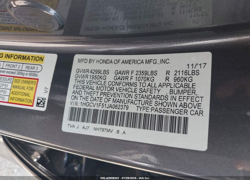 2018 HONDA ACCORD EX-L VIN: 1HGCV1F51JA062379