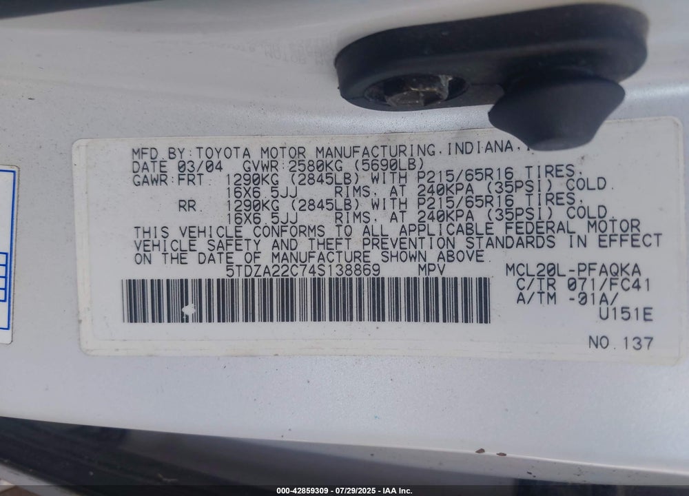 2004 TOYOTA SIENNA VIN: 5TDZA22C74S138869