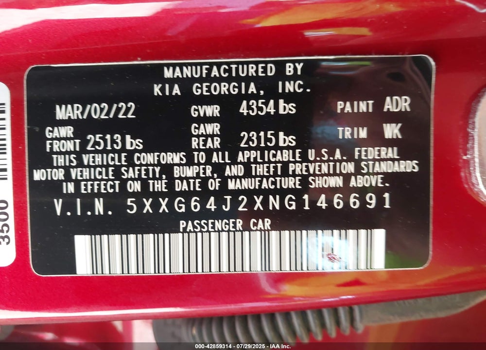 2022 KIA K5 VIN: 5XXG64J2XNG146691