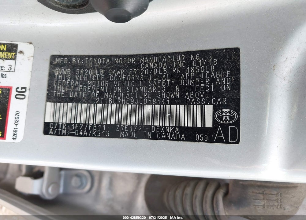 2018 TOYOTA COROLLA VIN: 2T1BURHE9JC048444
