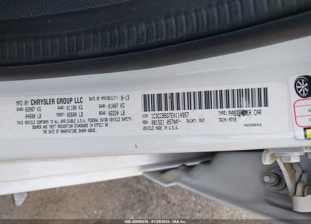 2014 CHRYSLER 200 VIN: 1C3CCBBG7EN114957