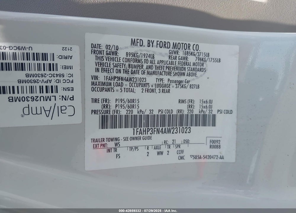 2010 FORD FOCUS VIN: 1FAHP3FN4AW231023