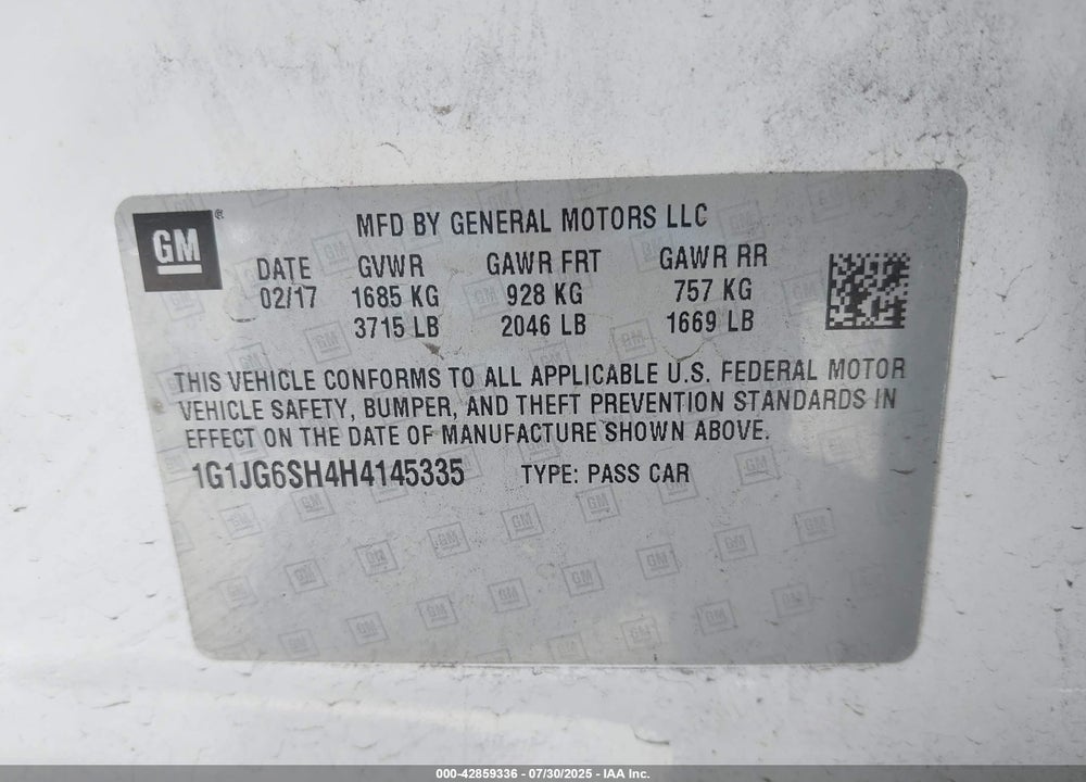 2017 CHEVROLET SONIC VIN: 1G1JG6SH4H4145335