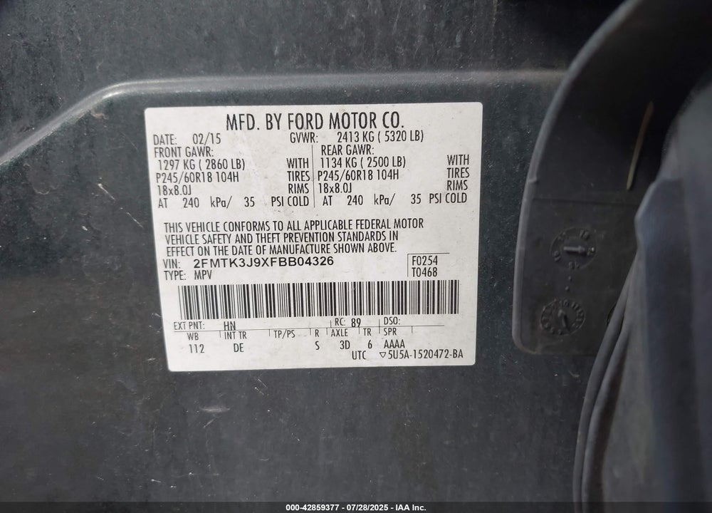 2015 FORD EDGE VIN: 2FMTK3J9XFBB04326