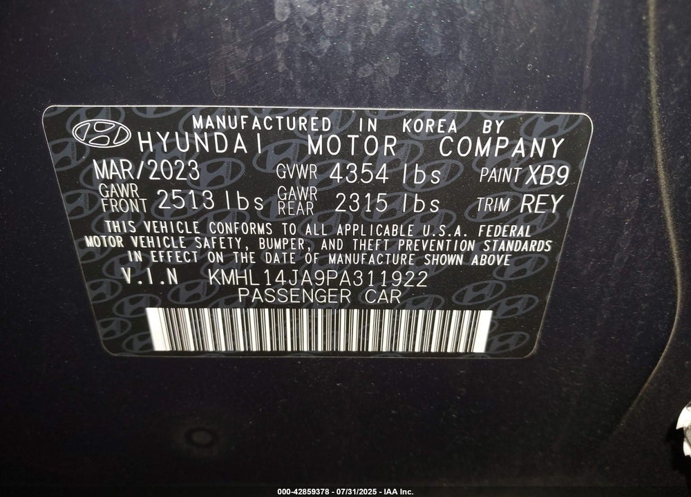 2023 HYUNDAI SONATA VIN: KMHL14JA9PA311922