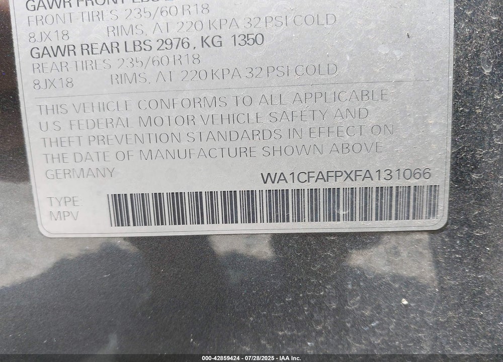 2015 AUDI Q5 VIN: WA1CFAFPXFA131066