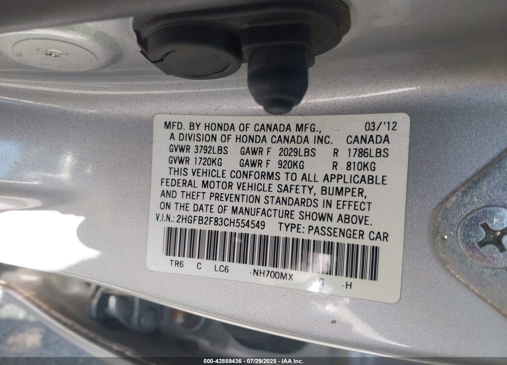 2012 HONDA CIVIC VIN: 2HGFB2F83CH554549
