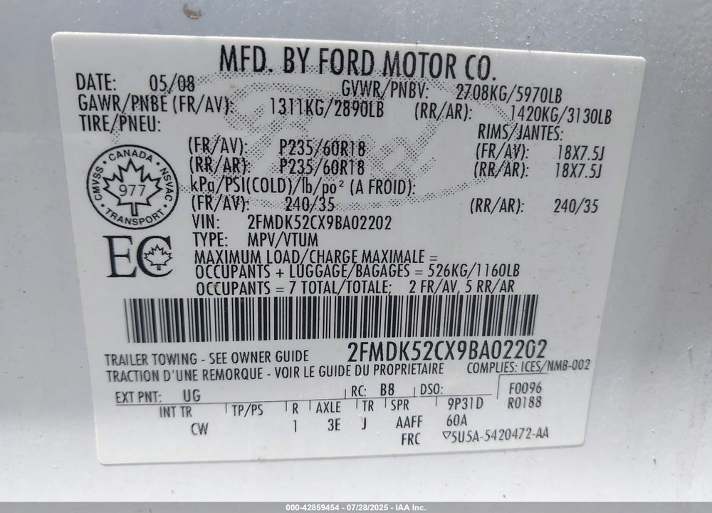 2009 FORD FLEX VIN: 2FMDK52CX9BA02202
