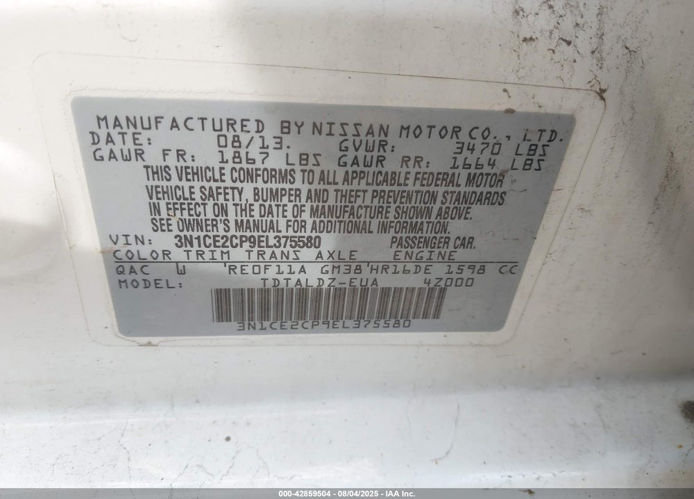 2014 NISSAN VERSA NOTE VIN: 3N1CE2CP9EL375580