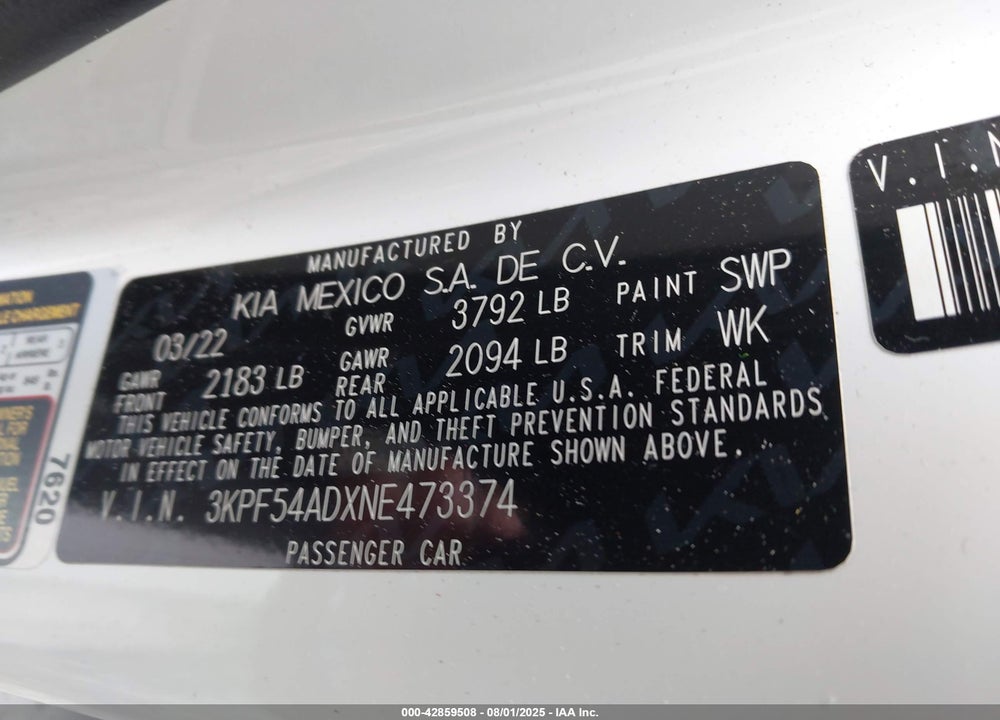 2022 KIA FORTE GT LINE VIN: 3KPF54ADXNE473374