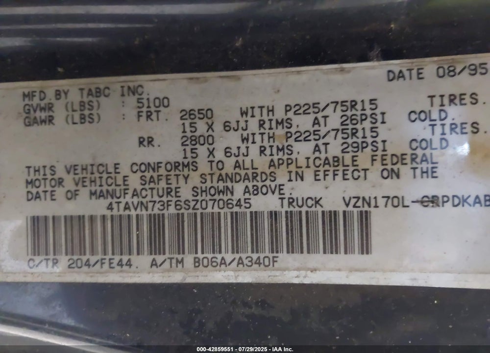 1995 TOYOTA TACOMA VIN: 4TAVN73F6SZ070645