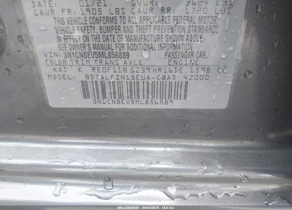 2021 NISSAN VERSA VIN: 3N1CN8EV5ML856889