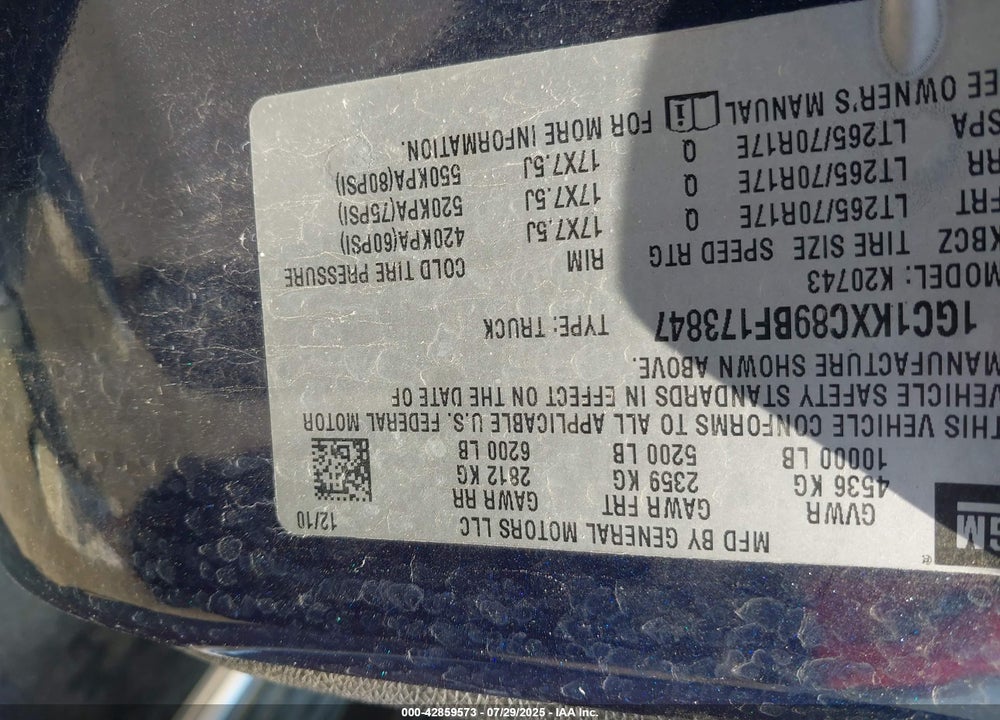 2011 CHEVROLET SILVERADO 2500HD LT VIN: 1GC1KXC89BF173847