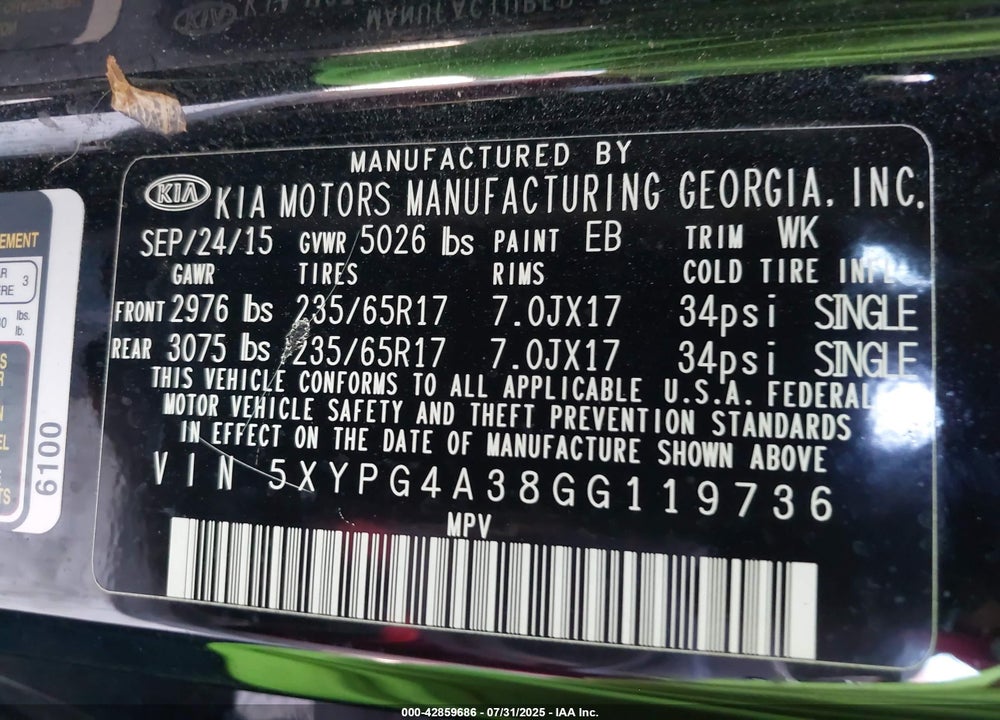 2016 KIA SORENTO VIN: 5XYPG4A38GG119736