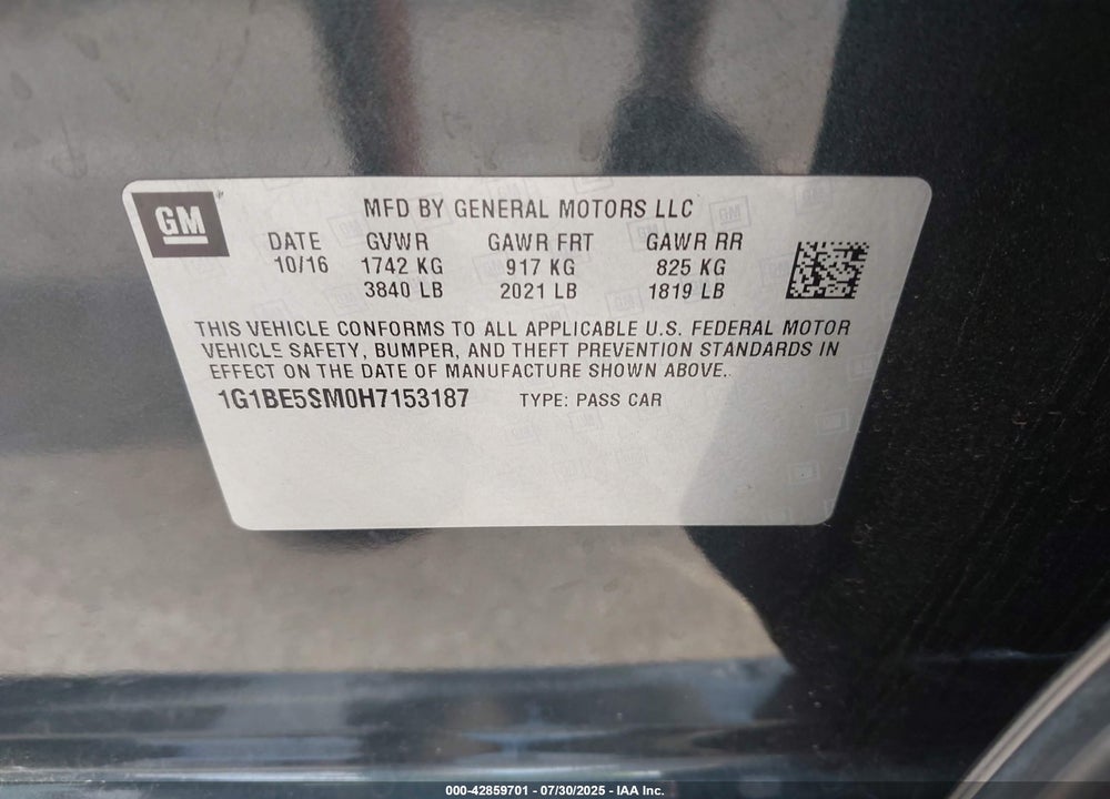 2017 CHEVROLET CRUZE VIN: 1G1BE5SM0H7153187