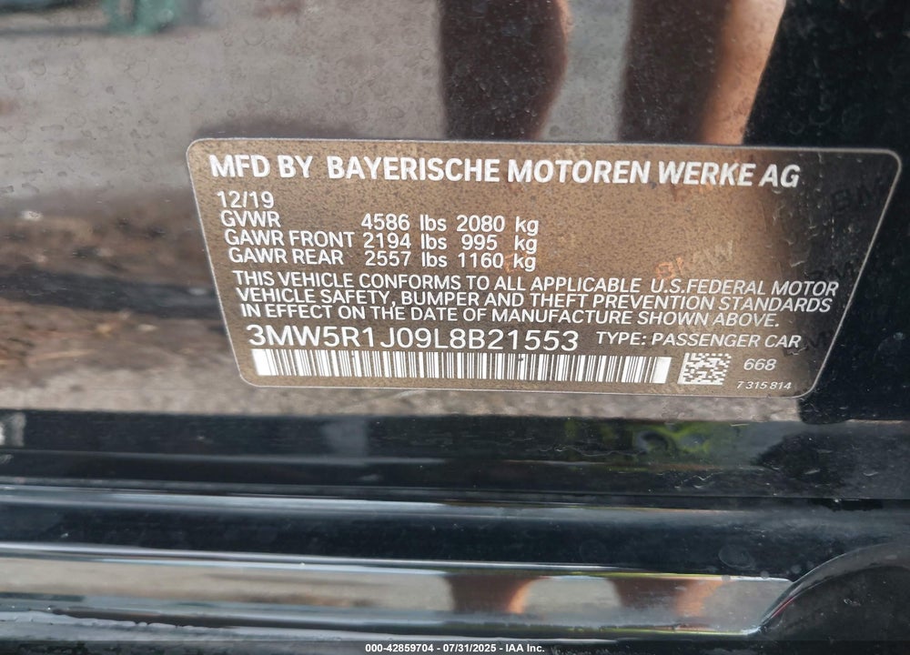 2020 BMW 3 SERIES VIN: 3MW5R1J09L8B21553