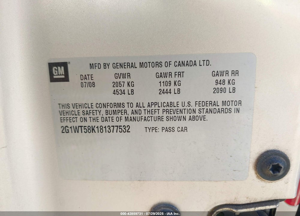 2008 CHEVROLET IMPALA LT VIN: 2G1WT58K181377532