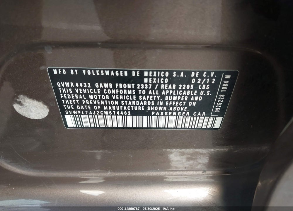 2012 VOLKSWAGEN JETTA VIN: 3VWPL7AJ2CM674462