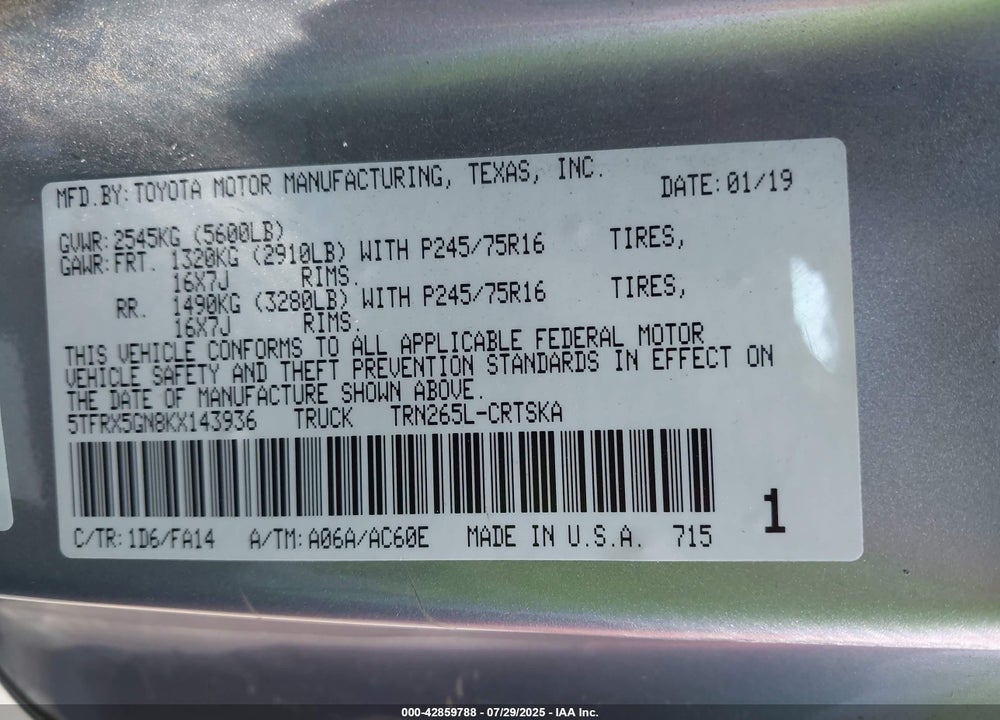 2019 TOYOTA TACOMA VIN: 5TFRX5GN8KX143936