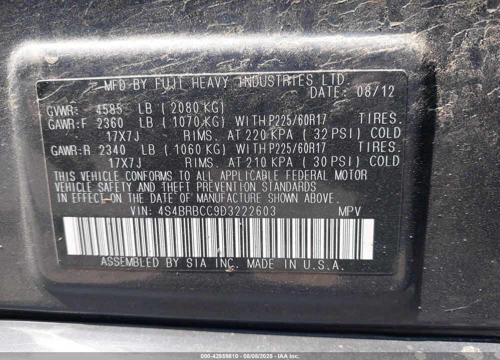 2013 SUBARU OUTBACK VIN: 4S4BRBCC9D3222603