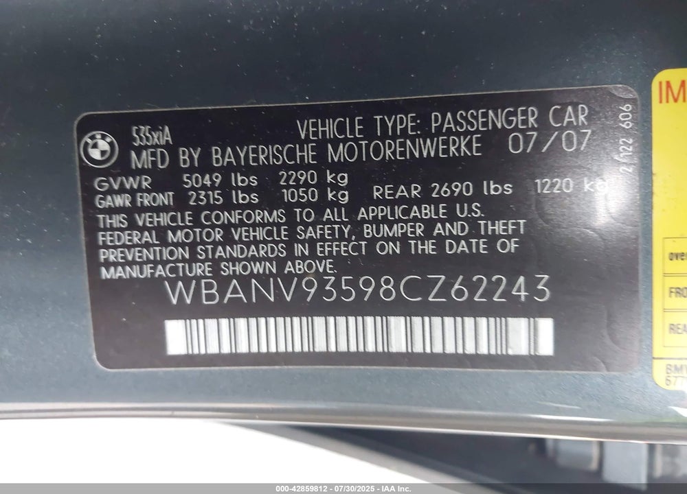 2008 BMW 5 SERIES VIN: WBANV93598CZ62243