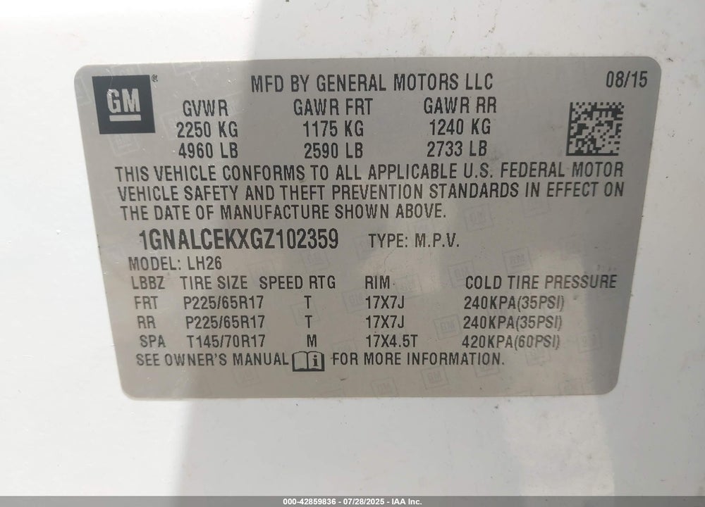 2016 CHEVROLET EQUINOX VIN: 1GNALCEKXGZ102359