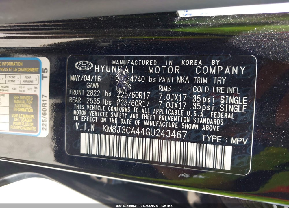 2016 HYUNDAI TUCSON SE VIN: KM8J3CA44GU243467