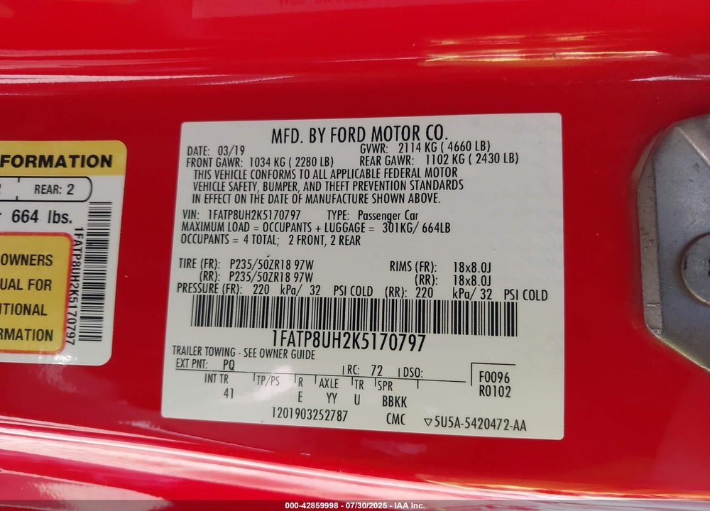 2019 FORD MUSTANG VIN: 1FATP8UH2K5170797