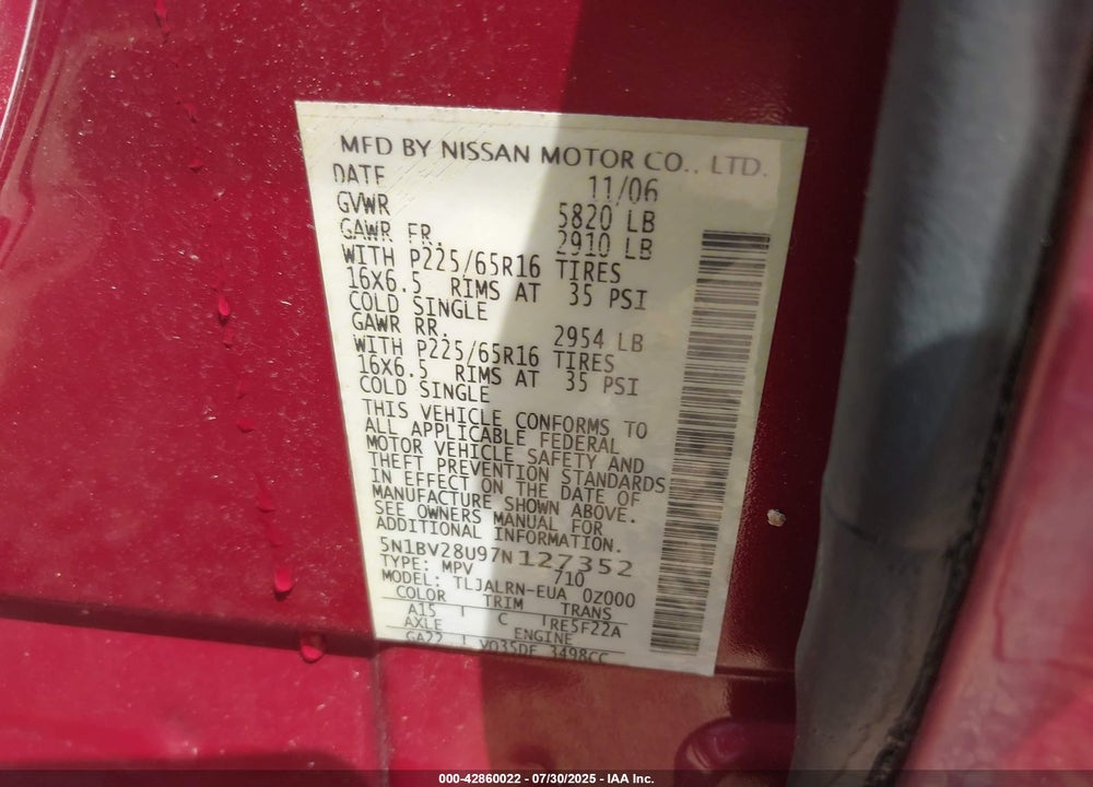 2007 NISSAN QUEST VIN: 5N1BV28U97N127352