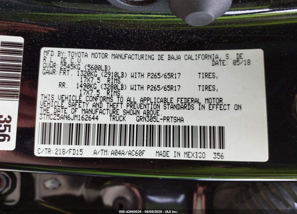 2018 TOYOTA TACOMA VIN: 3TMCZ5AN6JM162644