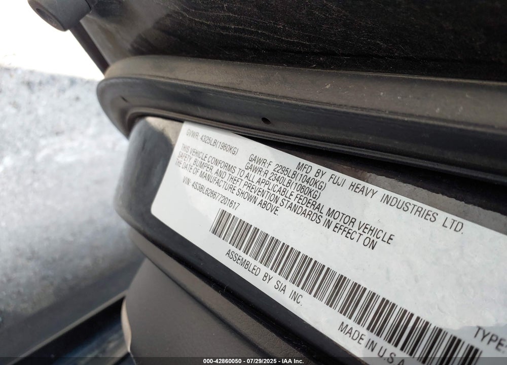 2007 SUBARU LEGACY 2.5I LIMITED VIN: 4S3BL626677201617