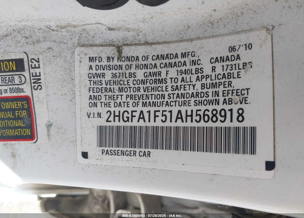 2010 HONDA CIVIC VIN: 2HGFA1F51AH568918
