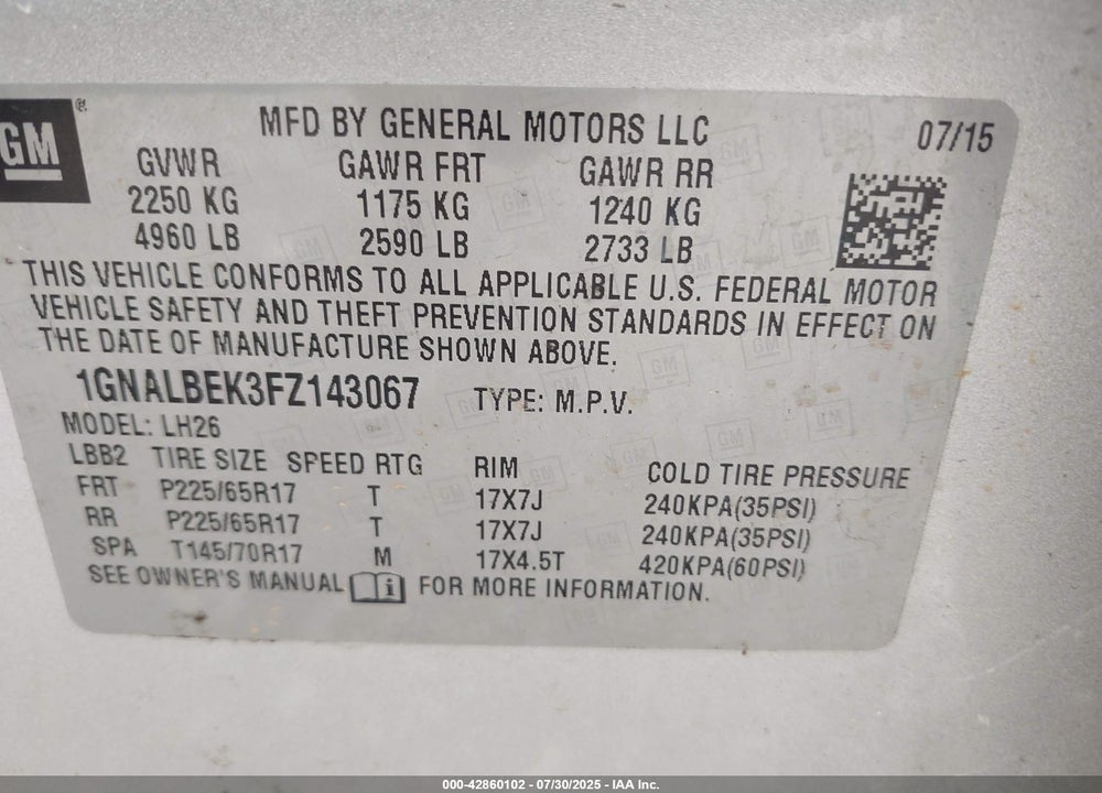 2015 CHEVROLET EQUINOX VIN: 1GNALBEK3FZ143067